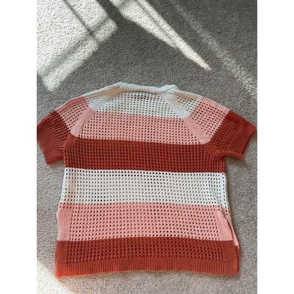 VICI Womens Large Sweater Open Knit Short Sleeve Style #WT709S Pink White Stripe - Picture 2 of 8